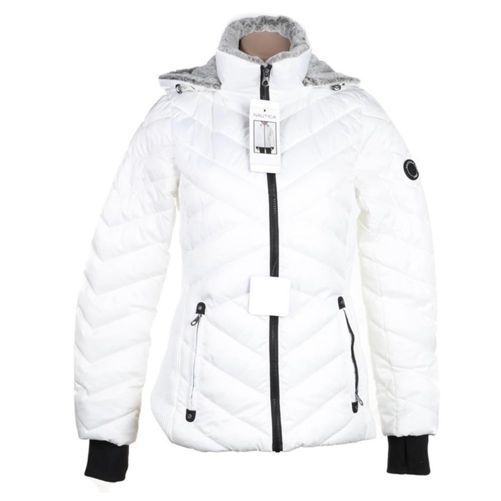 Nautica Women's White Puffer Jacket with Black Accents